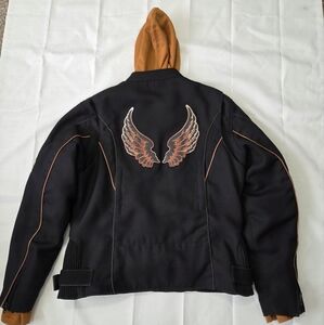 Womens Moto Riding Jacket LARGE Revolution Gear Angel Wing Patches Black Orange‎